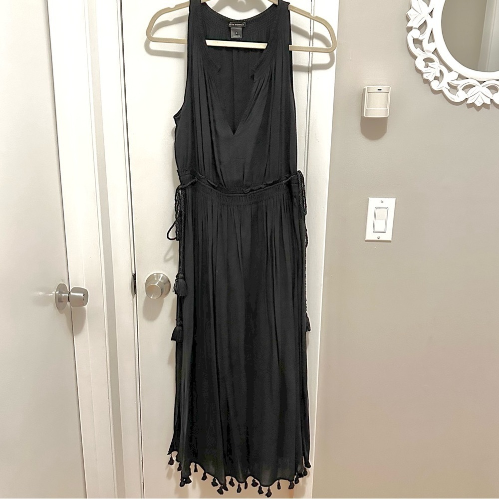Club Monaco Niam Black Sleeveless Midi Dress 6 V-neck Tassel Hem & Tie sides